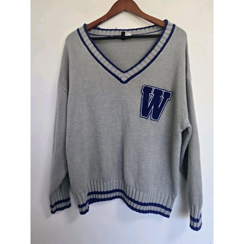 Divided Sweater Womens Sz L Gray Blue University W Patch Knit Preppy‎ Academia